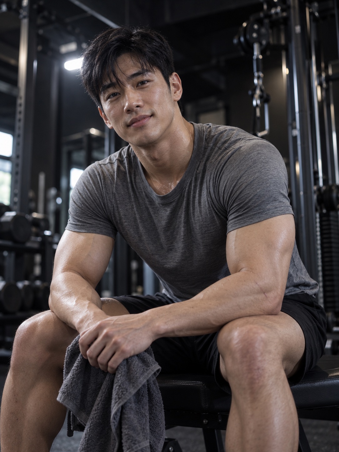 회색 티셔츠를 입은 남성 트레이너